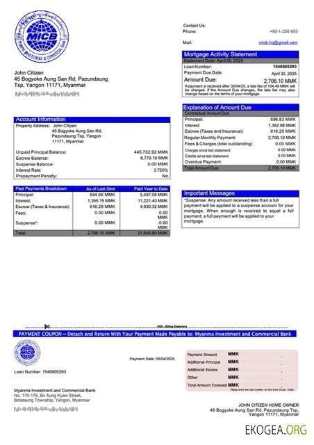 Modèle Word et PDF de relevé hypothécaire de la Myanma Investment and Commercial Bank